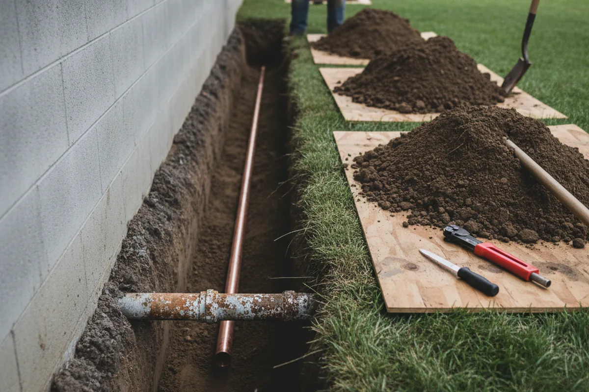 Excavated water line trench during Water Heater Repair in Davisburg